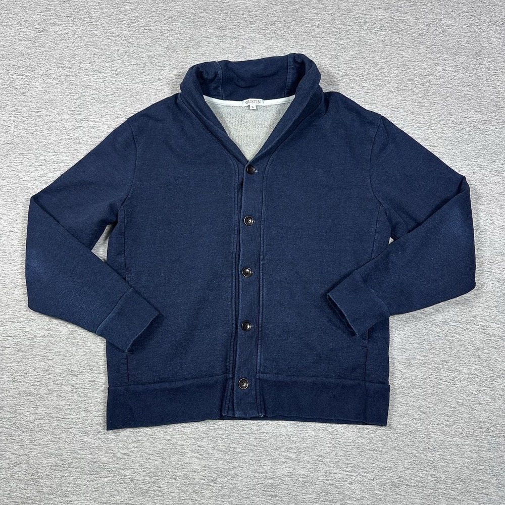 Gustin Cardigan Sweater Mens Large Blue Cotton Shawl Collar Button Front Knit